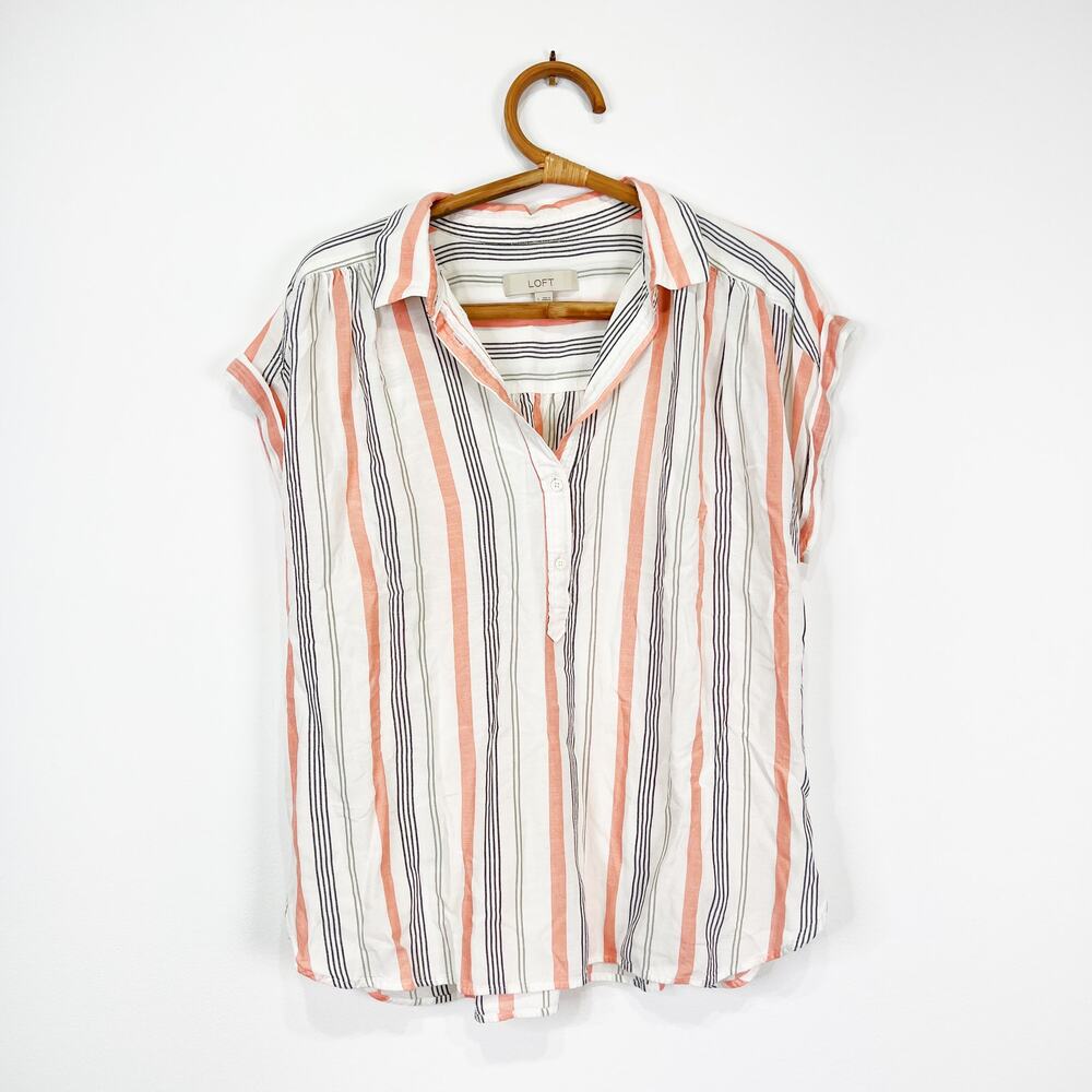 LOFT Striped Short-Sleeve Buttoned Blouse in Coral, Black & White
